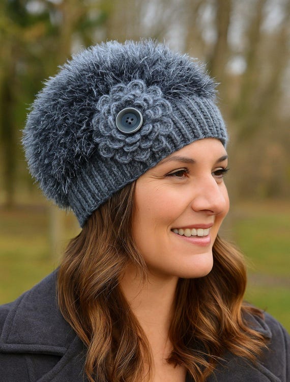 Knit Eyelash Yarn Hat Pattern: Beginner Flower Winter Cap (PDF