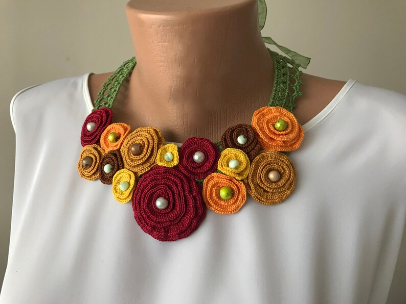 Bib Style Necklace Crochet Flowers Crochet Necklace Floral image 0