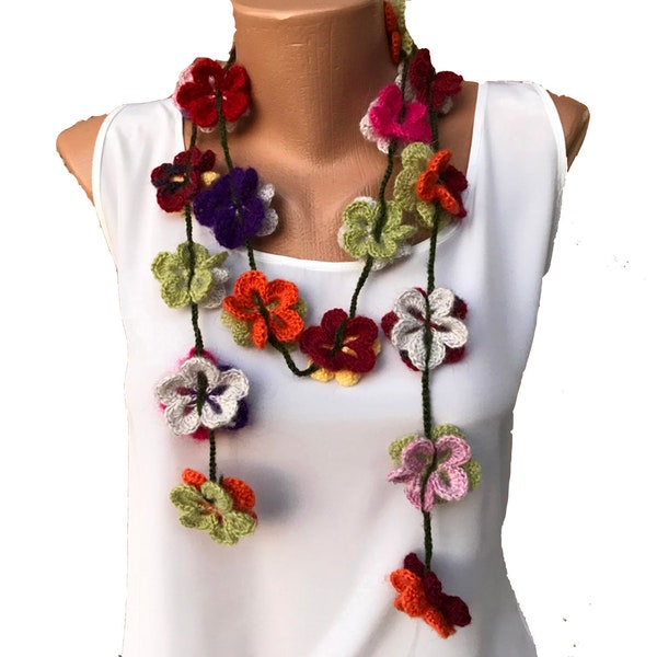 Crochet Scarf Pattern, Crochet Pattern, Wrap Scarf, Flower Pattern, Crochet 3D Flower, Lariat Necklace, Colorful Flowers,DIY Project,