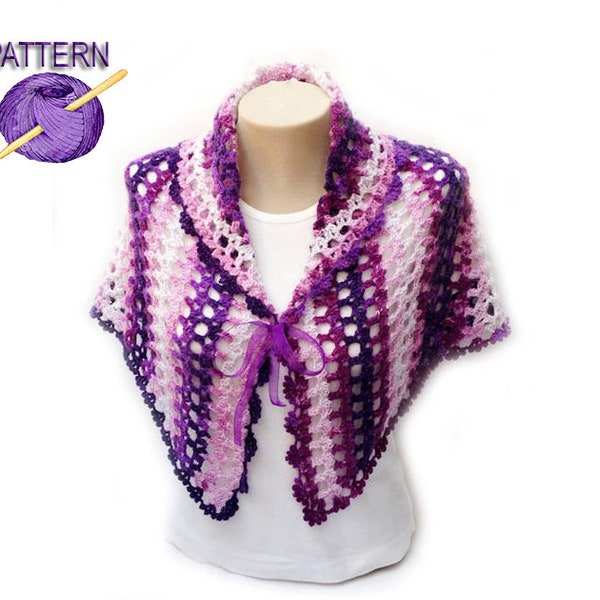 Easy Crochet Shawl Pattern, Scarf Shawl Pattern, Capelet Pattern, Shoulder Shawl, Colorful Purple Shawl,  Collared Shawl