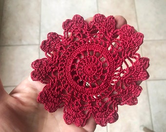 Coaster Pattern, Mini Doily Coasters, Heart Crochet Pattern, Crochet Pattern, Red Cotton Heart, Easy Crochet Pattern, Crochet Doily Pattern