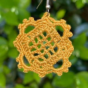 Crochet Earrings Pattern, Granny Square Earrings, Mustard Cotton Earrings, Dangle Earrings, DIY Project, Wedding Earrings