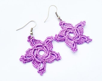 Crochet Earrings Pattern, Star Crochet Earrings, Lilac Cotton, Earrings Pattern, Christmas Gift, Easy Crochet, Dangle Earrings -2