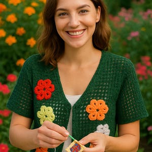 May include: A green crochet cardigan with colorful flower appliqués. The short-sleeved sweater features a V-neck and is adorned with orange, red, yellow, and gray floral designs. The woman is smiling and holding a small crochet square.