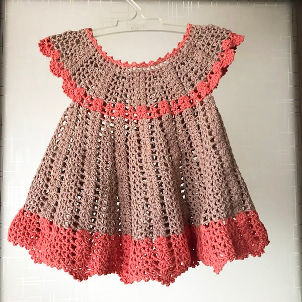 Baby Dress Pattern, Crochet Pattern, Baby Clothing, Baby Girl Dress pattern, Babies Clothes, 6 mo to 9 mo,Beige Cotton Dress,Striped Dress