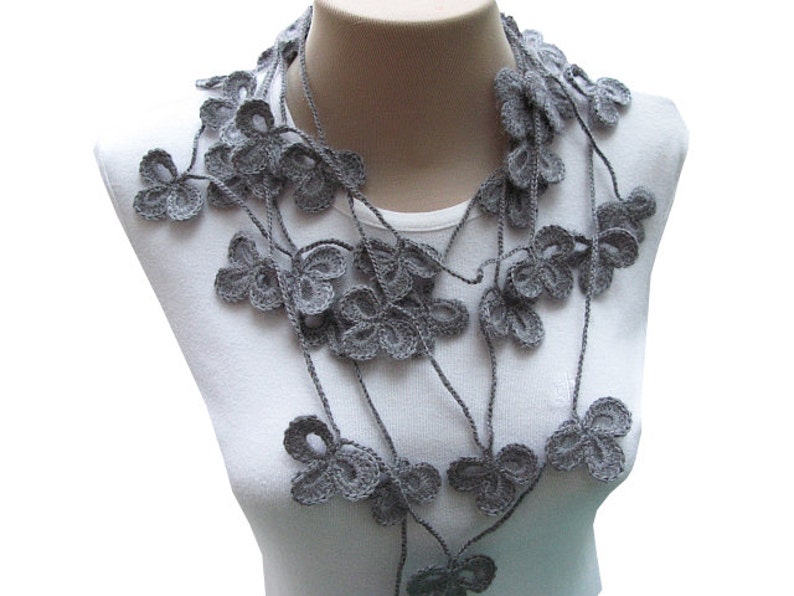 Easy Crochet Scarf Pattern, Wrap scarf, Gray Clover Leaf, Lariat Necklace, Wrap Scarf Pattern, Digital Download File-1 image 1