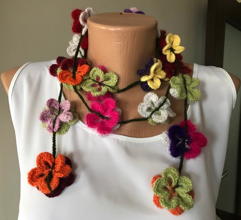 Crochet Scarf Pattern, Crochet Pattern, Wrap Scarf, Flower Pattern, Crochet 3D Flower, Lariat Necklace, Colorful Flowers,DIY Project, image 4