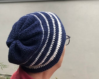 Beginner Crochet Hat Pattern, Unisex Crochet Hat Pattern, Slouchy Hat Pattern, Crochet Pattern, Navy blue Striped Hat, Beanie Beret pattern,