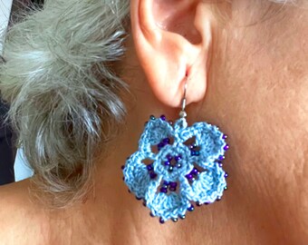 Crochet Beaded Flower Earrings Pattern, Crochet Pattern, Video Tutorial, Boho Chic Crochet Earrings, Blue Wedding Earrings