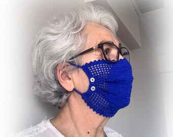 Patrón de mascarilla de crochet: detalle de botón azul marino (patrón PDF)