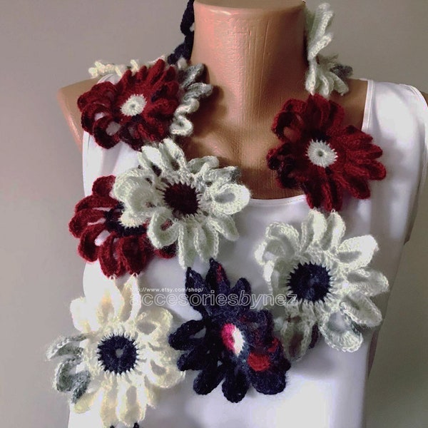 Crochet Wrap Scarf, Crochet Pattern, Wrap Scarf Pattern,Crochet Flower Pattern,Lacy Flower Scarf,Red Cream Batik Color, Crochet Chart