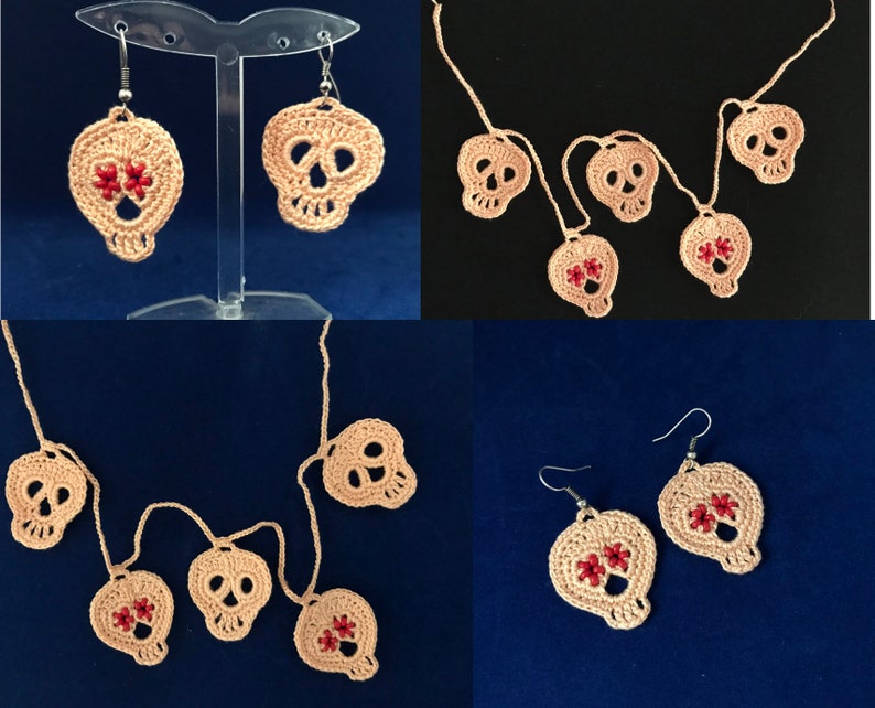 May include: A set of crocheted skull earrings and a crocheted skull garland. The skulls are a light pink color with red flower accents.