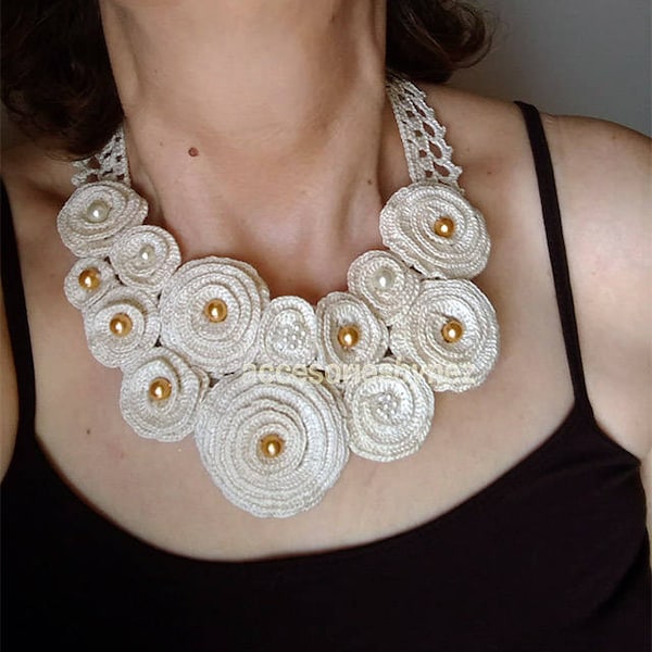 Crochet Pattern , Crochet Necklace Pattern, Flower Necklace Pattern, Crochet Tutorial, Crochet Jewelry, Wedding Collar, Pearls Necklace
