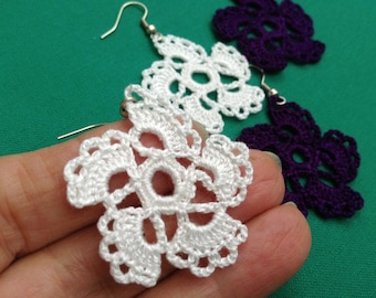 Boucles D'oreilles Blanches étoiles Au Crochet Fait Main - Dormeuses - Création Artisanale