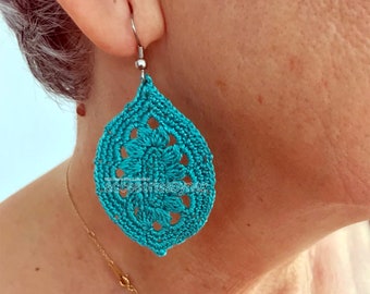 Crochet Pattern, Crochet Earrings, Drop Earrings Pattern, Crochet Jewelry, Aqua Blue Earrings, Flower Earrings, Easy Crochet, DIY Project