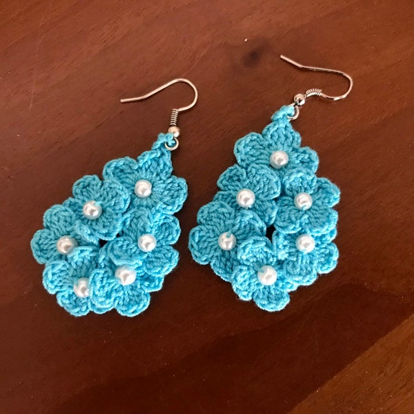 Earrings Pattern, Crochet Pattern, Crochet Pendant, Crochet Necklace, Flower Earrings, Blue Earrings, Pearl Earrings, Cotton Jewelry