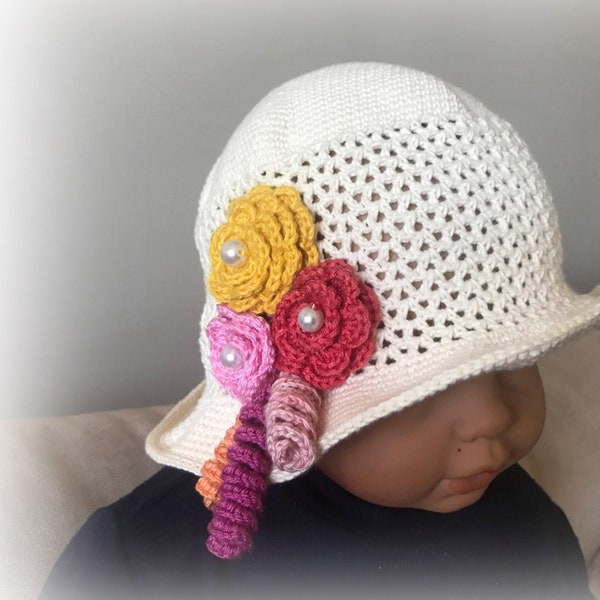 Crochet Baby Hat, Flowers  Hat Pattern, Summer Head Cover, Ivory Cotton Hat - Size 12-18 mo