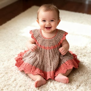 Crochet Baby Dress Pattern: Beige Striped Cotton, 6-9 Months (PDF Pattern)