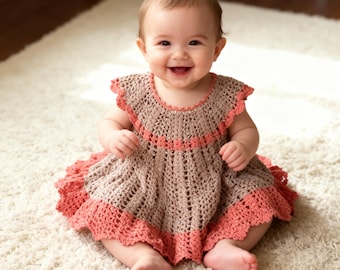 Crochet Baby Dress Pattern: Beige Striped Cotton, 6-9 Months (PDF Pattern)