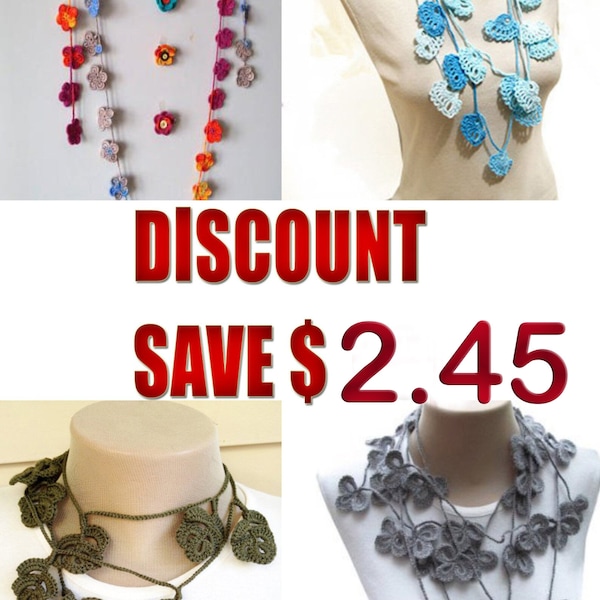 Discount Pattern Package For 4 Scarf/Lariat Patterns, Crochet Pattern, Scarf Pattern, Flowers Lariat Necklace, Brooch Pin, Hair Pin
