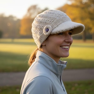 Könnte beinhalten: Eine cremefarbene Strickmütze mit Visor und lila Knopfdetail. Die Mütze ist aus strukturiertem Garn gefertigt und hat eine runde Krone. Der Visor ist einfarbig und spendet Schatten. Die Mütze wird von einer Person getragen.