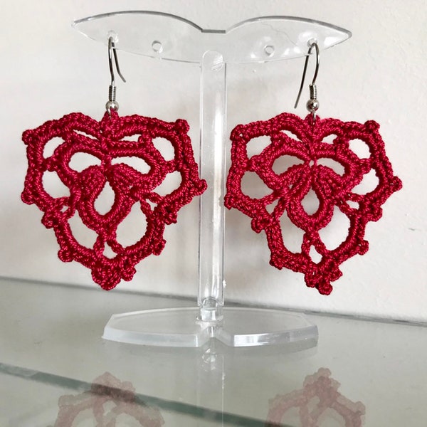 Crochet Pattern,Crochet Earrings,Tutorial Crochet, Easy Crochet,DIY Project,Dangle Drop Earrings,Red Cotton Earrings,Heart Earrings