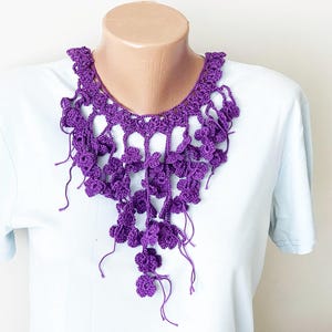 Free Form Crochet Necklace Pattern, Bib Necklace Pattern, Flowers Necklace, Purple Cotton, Easy Crochet Pattern