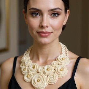 Crochet Necklace Pattern, Flower Bib Collar PDF Tutorial, Wedding Jewelry with Pearls