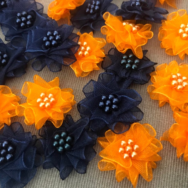 Orange and Navy Blue Flowers,Organza Ribbon,Beads,Hair Accessories, Bridal Accessories, Cloths,Bags, Hats,Jewelry,Applique,Mini Flowers-OOAK