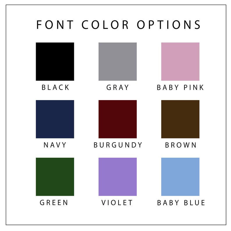 K&ouml;nnte beinhalten: Grafik mit Schriftfarboptionen. Das Bild zeigt neun Farbfelder: Schwarz, Grau, Babyrosa, Marine, Burgunderrot, Braun, Gr&uuml;n, Violett und Babyblau. Jedes Feld ist mit seinem entsprechenden Farbnamen beschriftet.