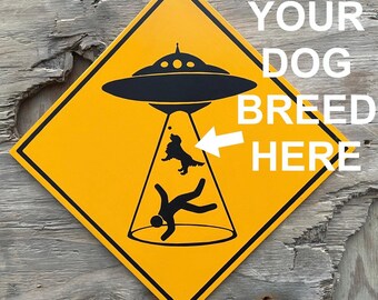 Personalized Funny Dog Sign | Alien Abduction of Dog and Owner | UFO | Black and Yellow | 13" X 13" | Hand-painted Dog Breed Silhouette