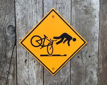 Biking Tracks Sign | Crossing Sign | Handmade Screen Printed Sign | Tram | Streetcar | Train Tracks | Rails | Bike Warning Sign | Vintage