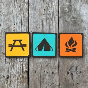 Camping Icons Sign Set | Handmade Screen Printed Signs | National Park Symbols | Outdoor | Recreation | Camping Signs | Mountain | Vintage