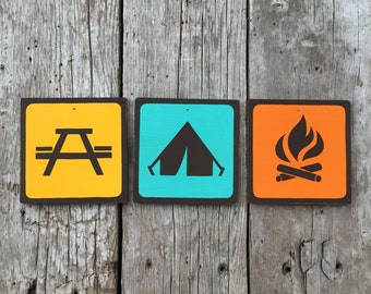 Camping Icons Sign Set | Handmade Screen Printed Signs | National Park Symbols | Outdoor | Recreation | Camping Signs | Mountain | Vintage