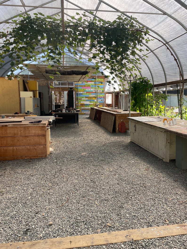 May include: Interior view of a greenhouse with a gravel floor and wooden tables. The structure has a curved, translucent roof and is adorned with hanging vines. Sunlight streams through, illuminating the space. A colorful sign is visible in the background.