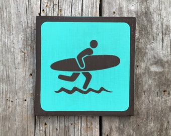 Surfing Icon Sign | Handmade Screen Printed Sign | National Park Symbol Sign | Vintage | Surf Beach | Surfboard | Tropical | Ocean | Surfer