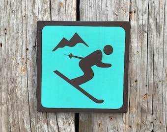 Skiing Icon Sign | Handmade Screen Printed Sign | National Park Symbol Sign | Mountain | Vintage | Ski Hill | Skier | Resort | Outdoor Sport