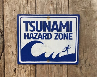 Tsunami Warning Sign | Handmade Screen Printed Sign | Vintage | Coastal Danger Sign | Ocean High Surf Sign | Beach | Kids Room | Office Sign