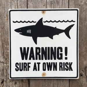 Surfing Shark Sign | Handmade Screen Printed Sign | Surf Board | Surfer | Tropical | Beach | Shark Attack Warning Sign | Ocean | Vintage