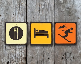 Eat Sleep Ski Sign Set | Handmade Screen Printed Sign | Ski Hill Signs | Skiing Resort | Lodge | Mountain | Chalet | Trail Sign | Vintage