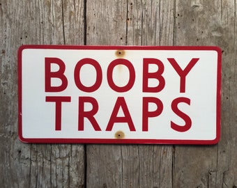 BOOBY TRAPS Sign | WWII WW2 Replica | Red and White |  9" X 18" | Hand-painted & Screen printed on Wood