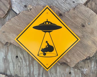 TRACTOR BEAM SIGN | Alien Abduction of Farmer | Black and Yellow | 13" X 13" | Hand-painted and Screen printed on Wood