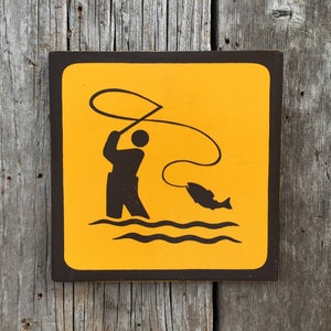 Fly Fishing Icon Sign | Handmade Screen Printed Sign | National Park Symbol Sign | State Park | Vintage | Fish | River | Lake | Fisherman