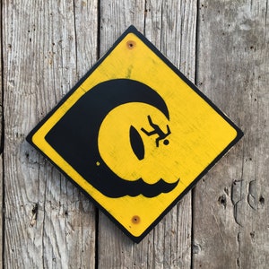 High Surf Sign | Handmade Screen Printed Sign | Surfing Beach Sign | Ocean | Large Waves Danger Sign | Surfboard | Surfer | Vintage | Beach