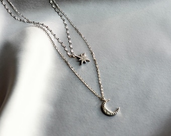 Sterling Silver Moon and Star Layered Necklace: Celestial Jewelry