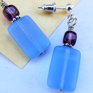 Czech Pressed Glass Purple Cube & Frosted Blue Rectangle Post Earrings