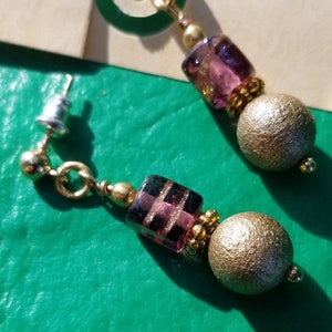 Cane Glass Copper Swirl Purple Cube & Gold Textured Round Beads Dangle Drop Post Earrings
