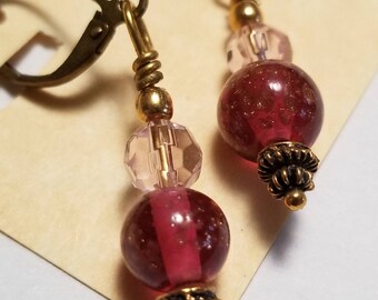 Copper Speckled Purple & Pink Faceted Glass Beaded Earrings on Brass Leverbacks