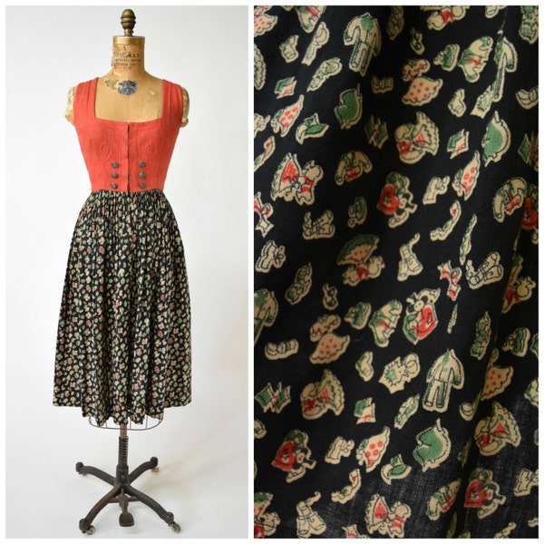 30s Original Lanz, Salzburg Dirndl Dress w Novelty Print Skirt // Traditional Austrian Folk Fashion, Oktoberfest Style