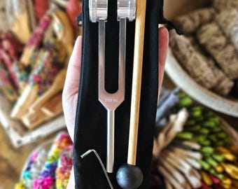 Peut inclure: Un diapason en métal argenté marqué 256 Hz, un maillet en bois avec une tête en caoutchouc noir et un petit outil métallique en forme de L disposés sur une pochette en tissu noir. Le diapason présente deux poids cylindriques à ses extrémités.